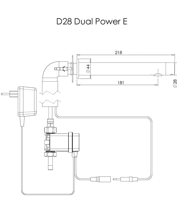 Rysunek wersji Dual Power E. Instalację i zasilanie dobierz do zamawianego wariantu. — Stern D28 Bateria Umywalkowa Bezdotykowa Sensor Fotokomórka