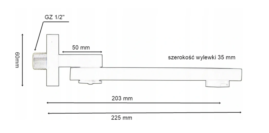 Rysunek wylewki składanej: długość 225 mm, zasięg 203 mm