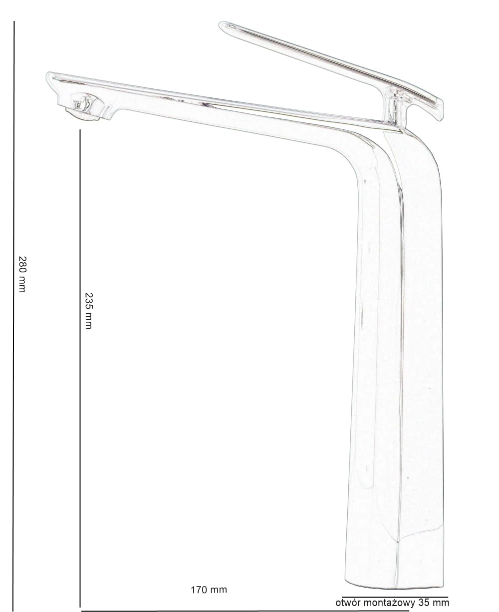 Rysunek wysokiej VERDO: wysokość 280 mm, wypływ 235 mm. — VERDO — wysoka bateria nablatowa złota