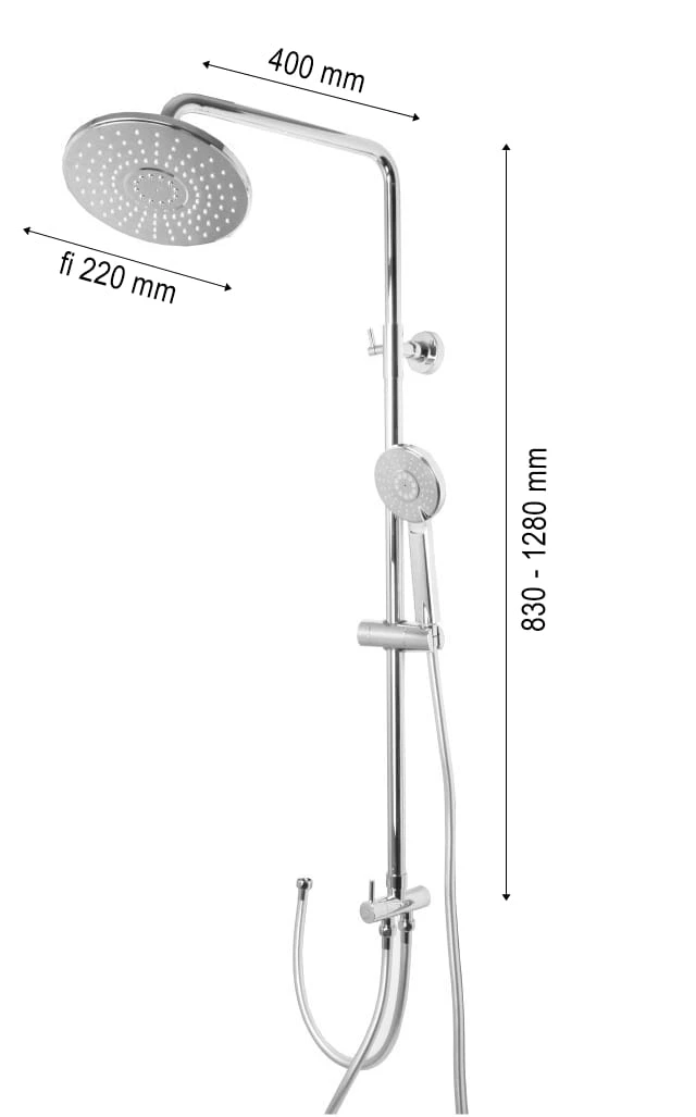 Rysunek kolumny UNO: deszczownica 220 mm, zasięg 400 mm, wysokość 830–1280 mm