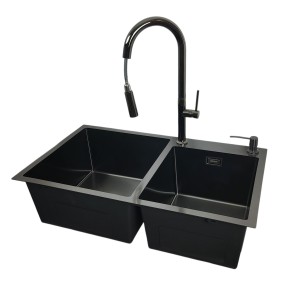 Zlewozmywak 78x45 Czarny + bateria LIRA Czarny Chrom + dozownik
