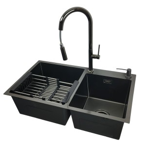 Zlewozmywak 78x45 Czarny + bateria LIRA Czarny mat + dozownik + koszyk teleskopowy