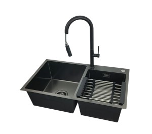 Zlewozmywak 78x45 Czarny + bateria LIRA Czarny mat + koszyk teleskopowy