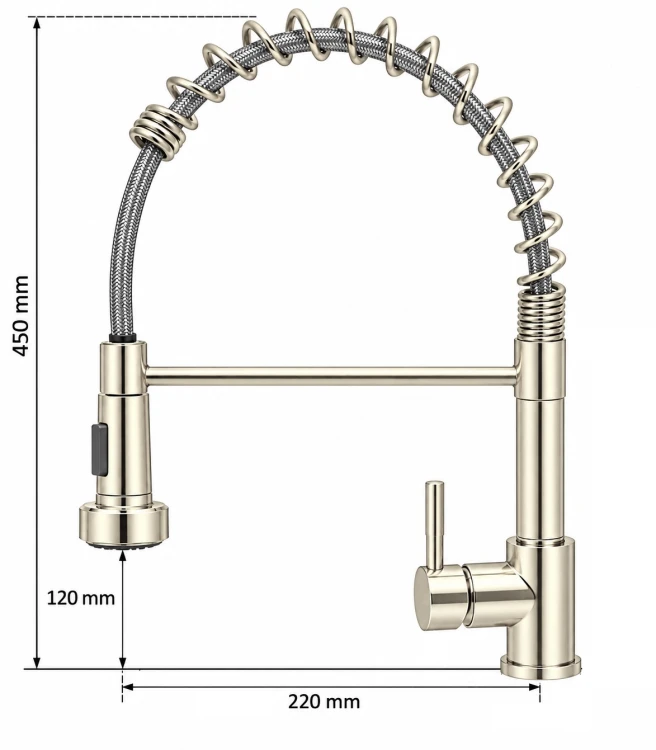 Techniczny diagram złoto-srebrnego kranu kuchennego
