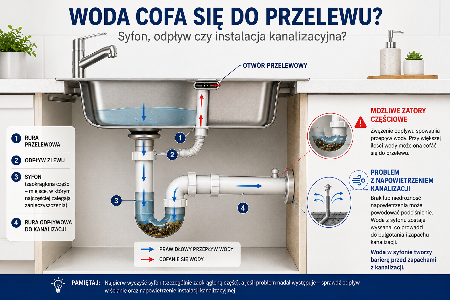 Dlaczego woda stoi w przelewie zlewozmywaka? Syfon, odpływ i napowietrzenie kanalizacji