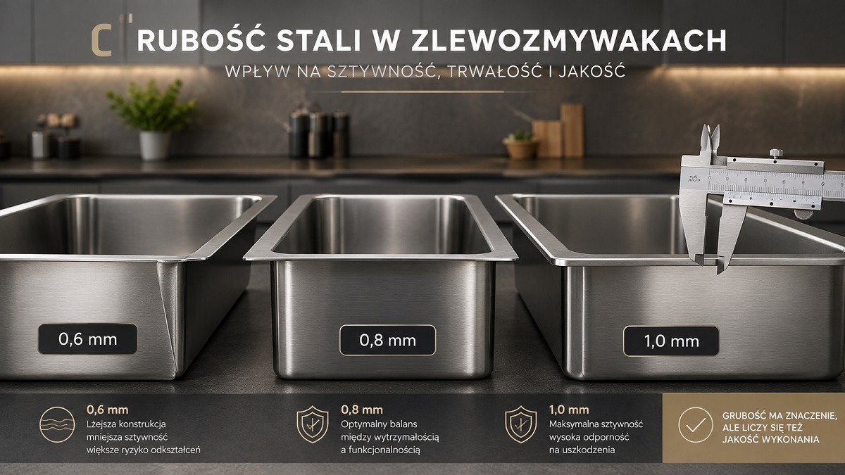 Grubość stali w zlewozmywaku – 0,6, 0,8 czy 1,0 mm? Co naprawdę ma znaczenie?